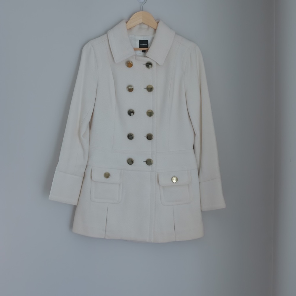 Express Women's Cream Pea Coat Wool Blend Gold Buttons Small